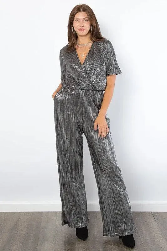 Surplice Short Sleeve Pleated Foil Jumpsuit