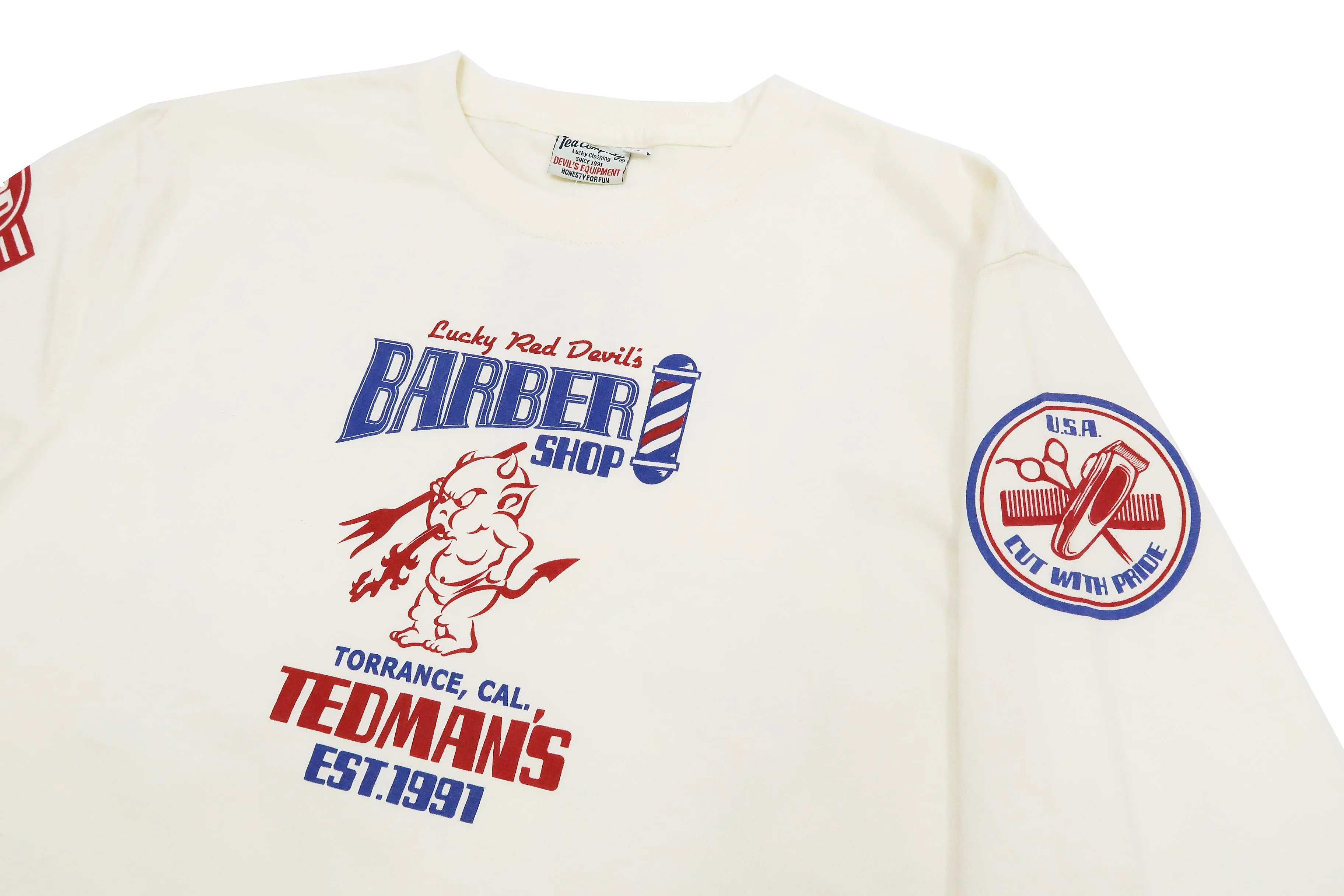 Tedman T-Shirt Men's Lucky Devil Barbershop Graphic Long Sleeve Tee Efu-Shokai TDLS-352 Off-White