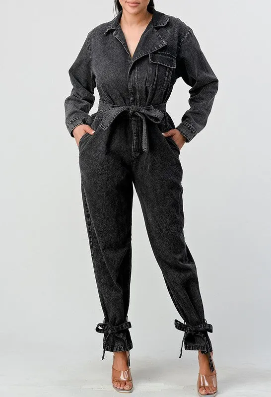 TEEK - BLACK WASHED DENIM TIE ANKLE JUMPSUIT