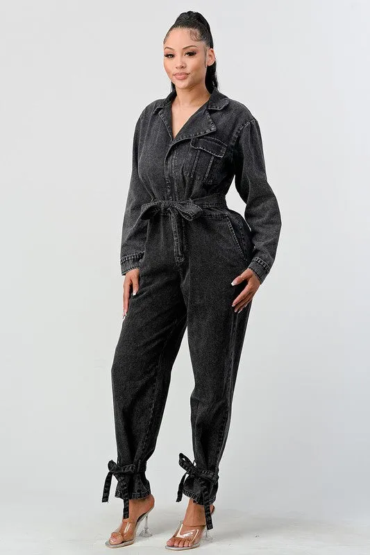 TEEK - BLACK WASHED DENIM TIE ANKLE JUMPSUIT