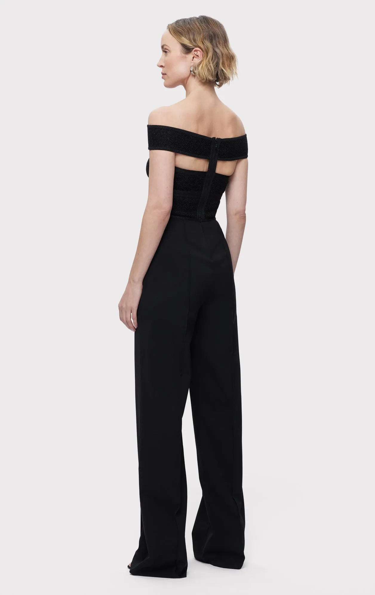 TEXTURED LUREX OFF SHOULDER JUMPSUIT