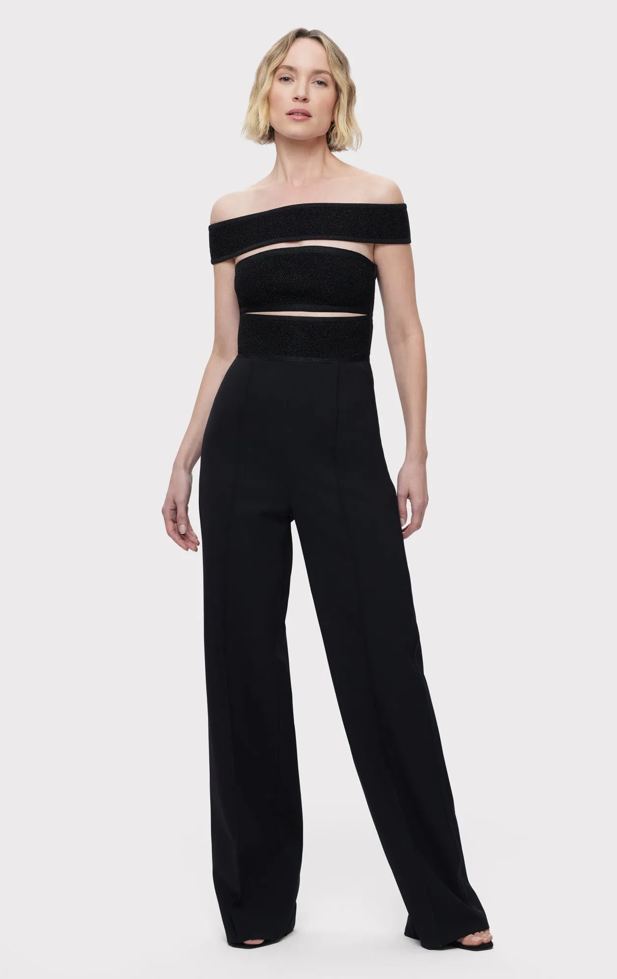 TEXTURED LUREX OFF SHOULDER JUMPSUIT