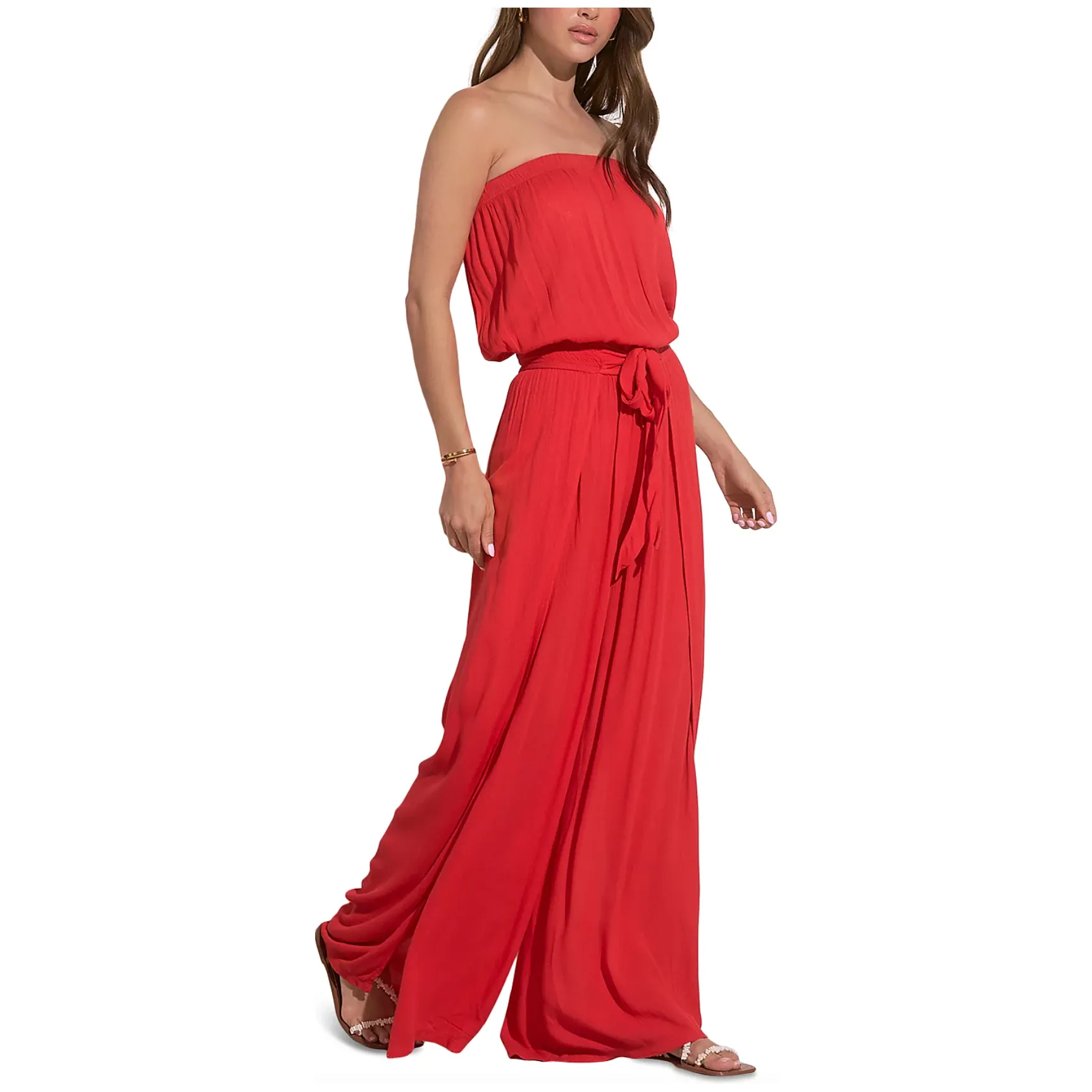 The Selena Red Strapless Wide Leg Jumpsuit