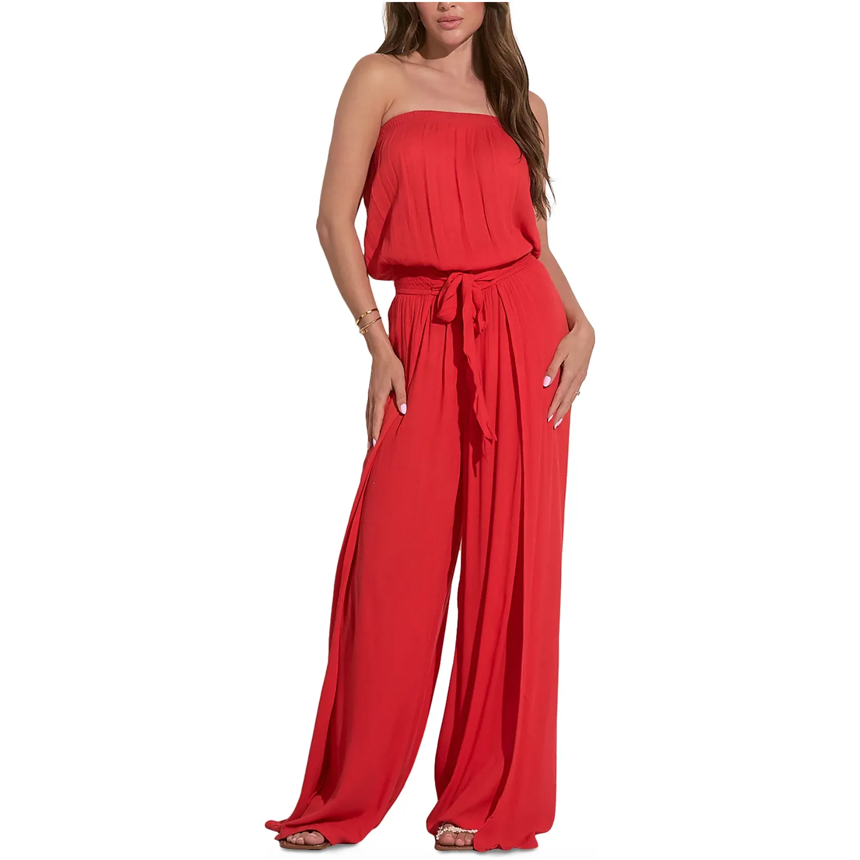 The Selena Red Strapless Wide Leg Jumpsuit