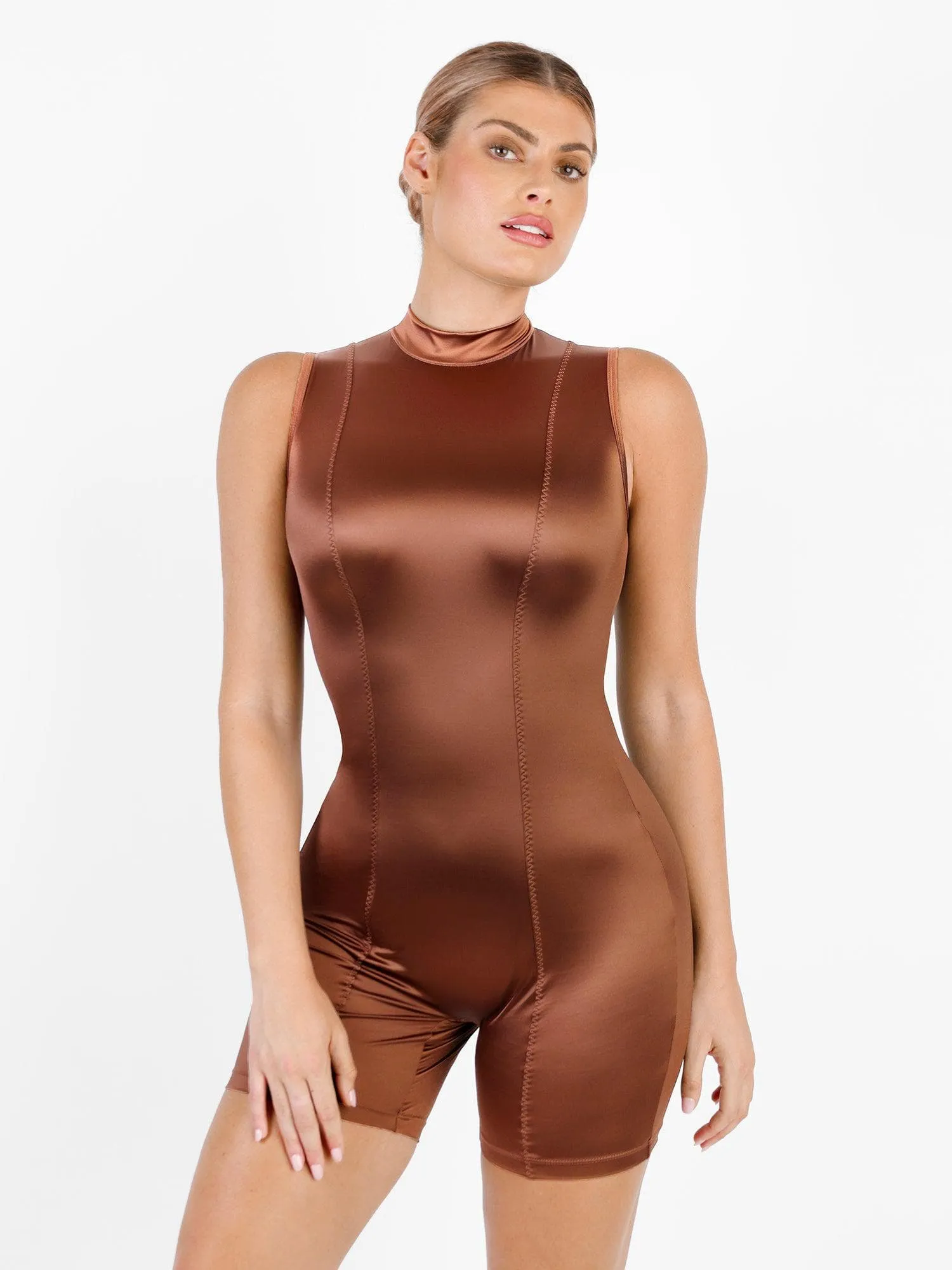 The Shapewear Romper Metallic Shiny One Piece Mock-Neck For Insiders