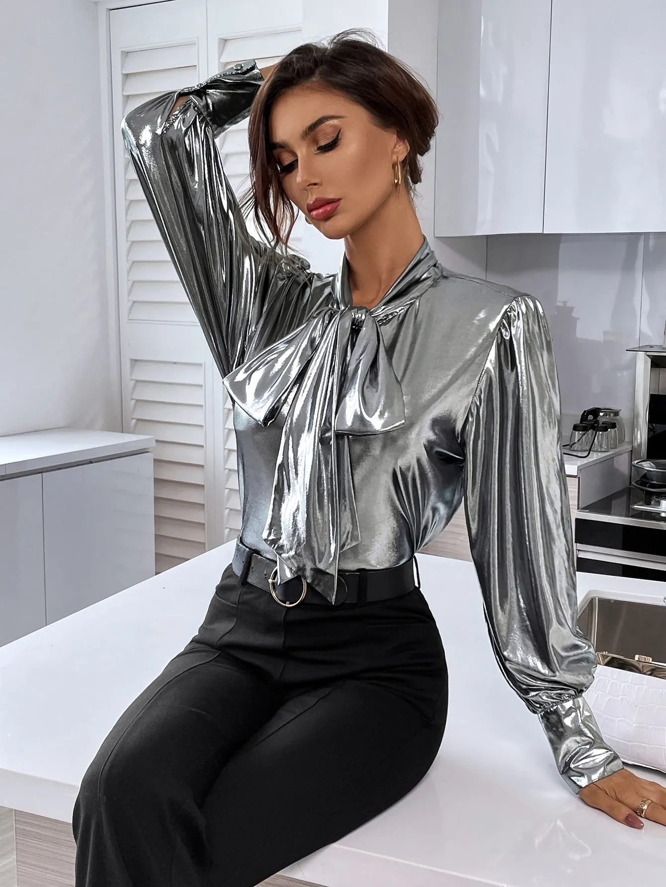 Tie Neck Bishop Sleeve Metallic Blouse