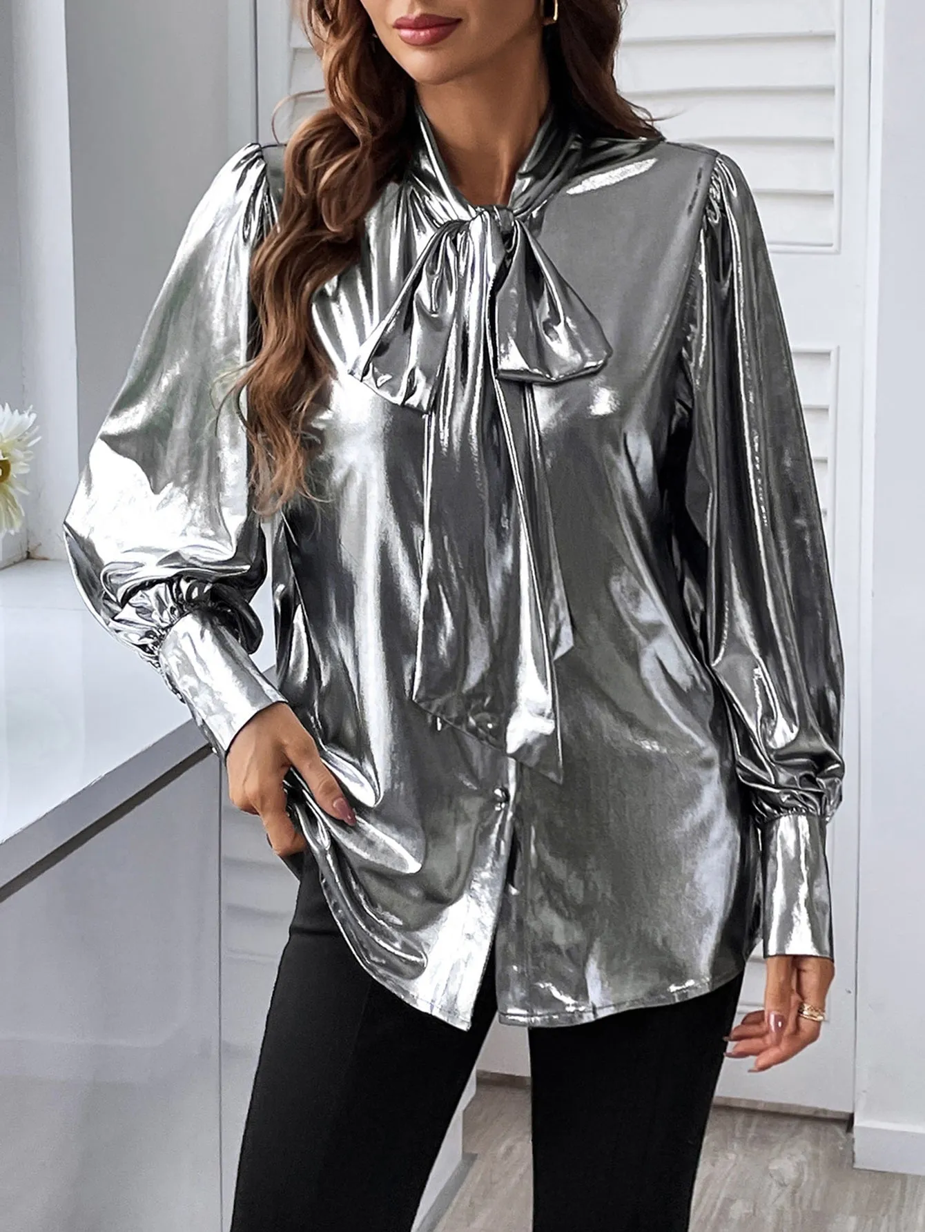 Tie Neck Bishop Sleeve Metallic Blouse