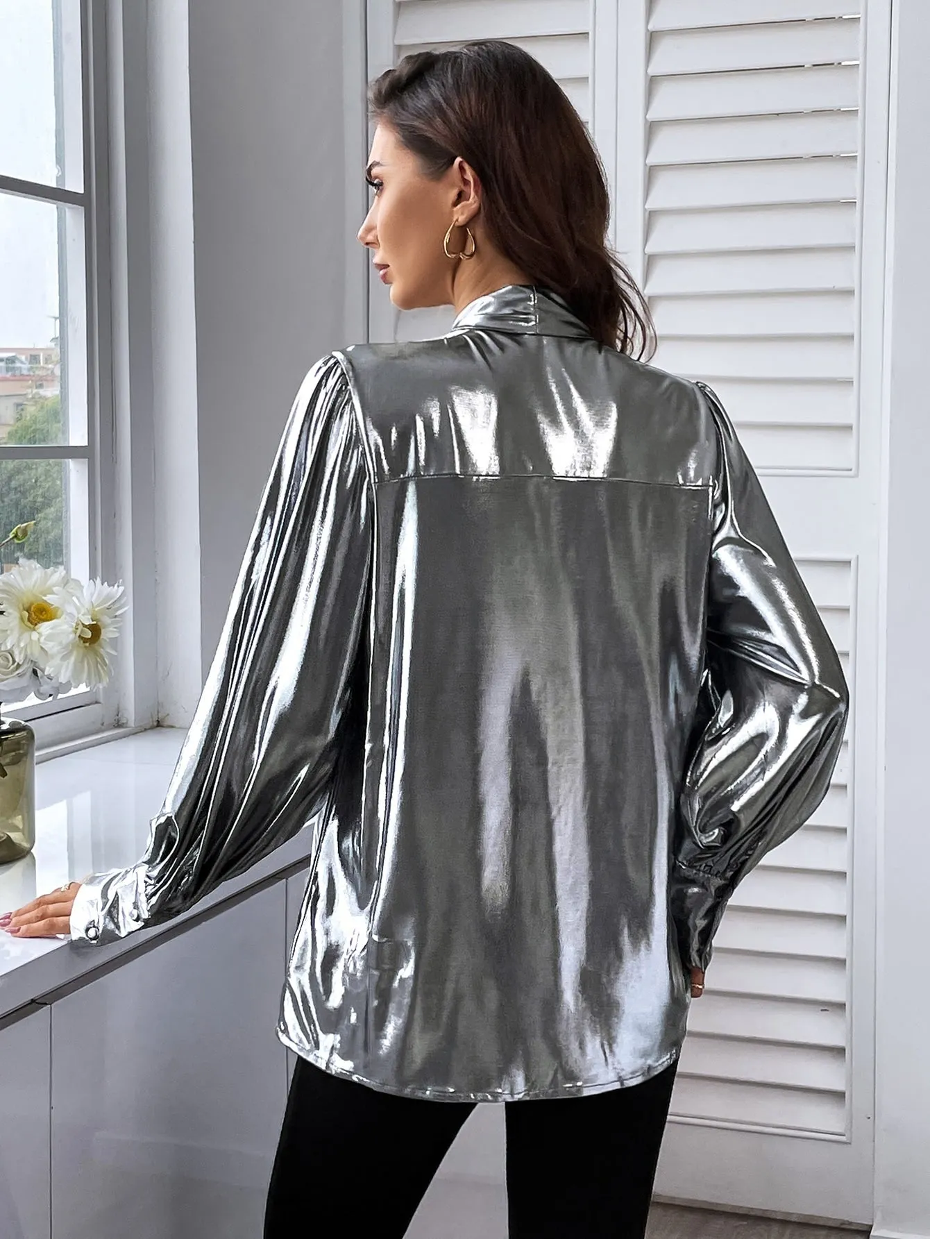 Tie Neck Bishop Sleeve Metallic Blouse