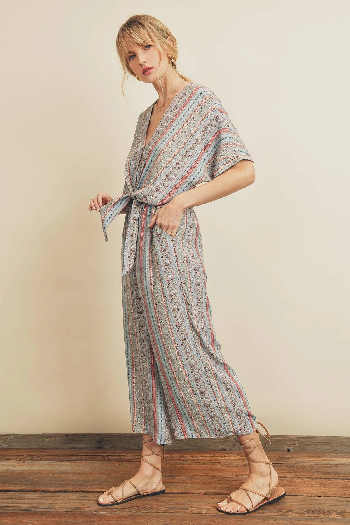 Tie-Waist Jumpsuit in Paisley Stripe Print