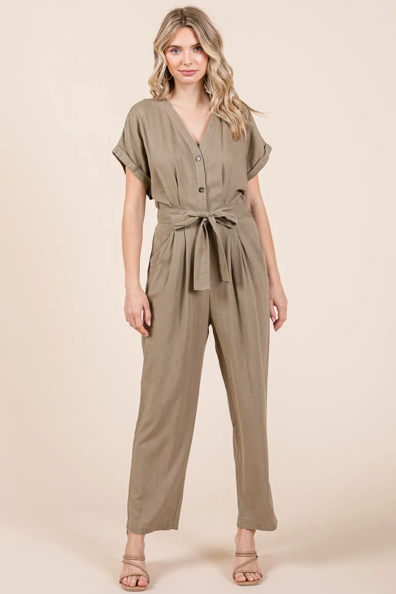 Tie Waist Short Sleeve V neck Linen Jumpsuit