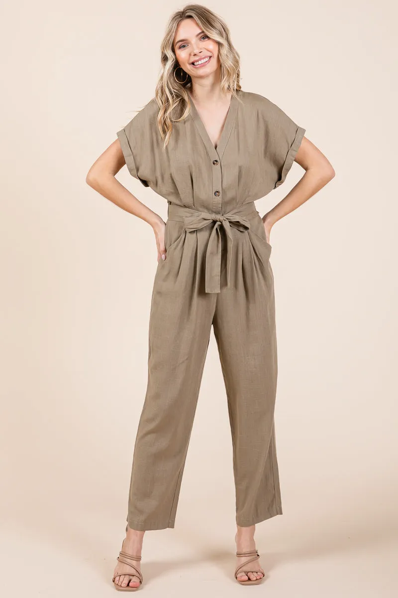 Tie Waist Short Sleeve V neck Linen Jumpsuit