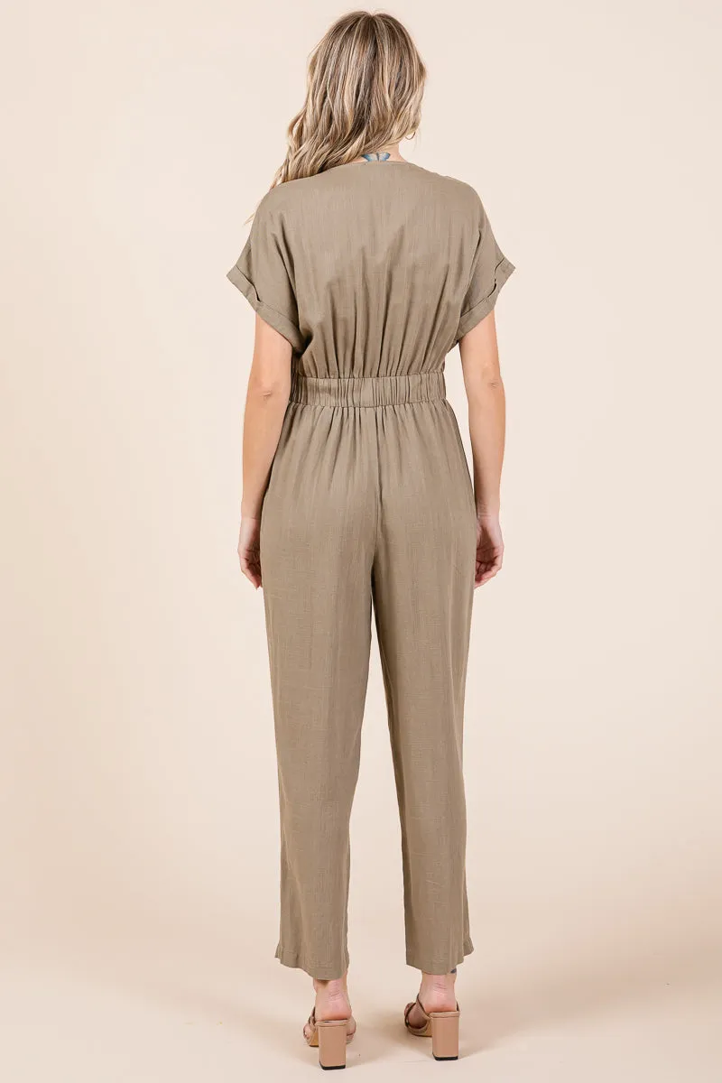 Tie Waist Short Sleeve V neck Linen Jumpsuit