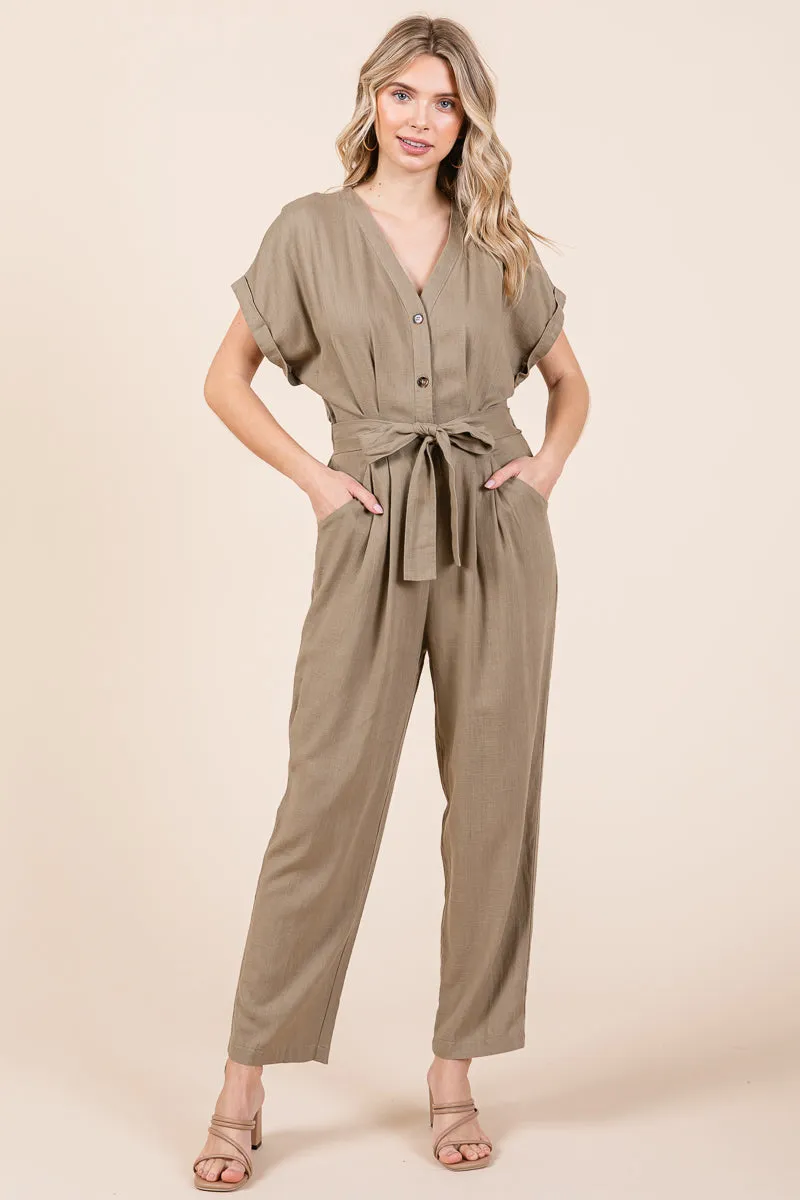 Tie Waist Short Sleeve V neck Linen Jumpsuit