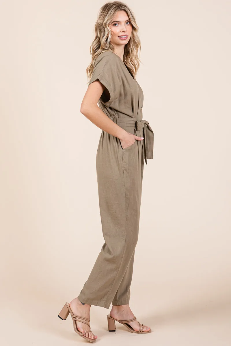 Tie Waist Short Sleeve V neck Linen Jumpsuit