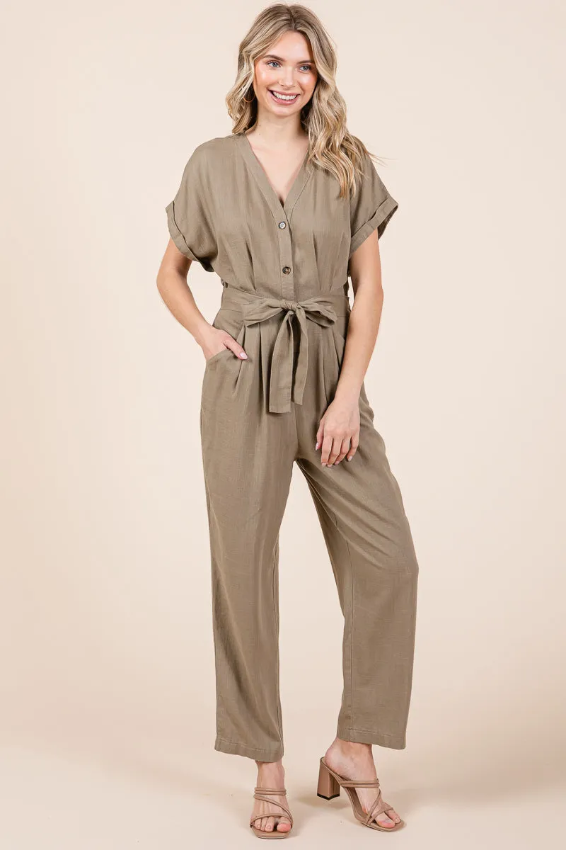 Tie Waist Short Sleeve V neck Linen Jumpsuit