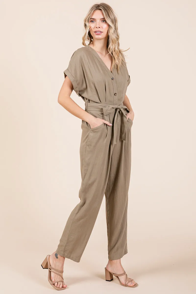 Tie Waist Short Sleeve V neck Linen Jumpsuit