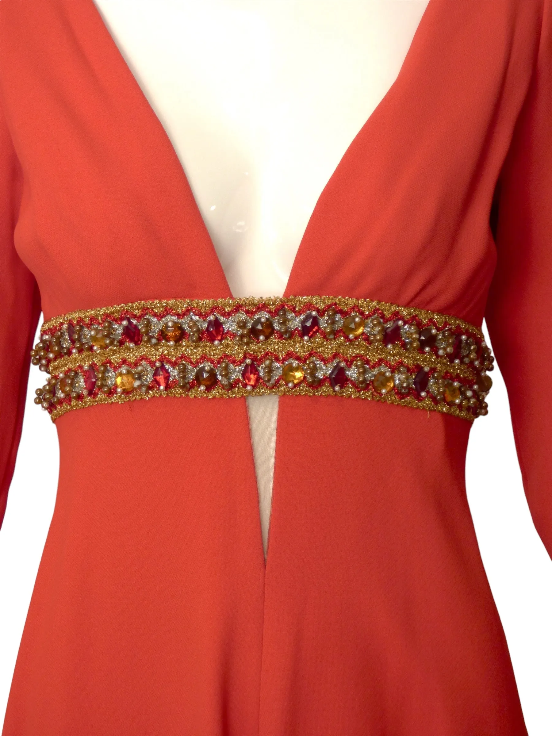 TRAVILLA- AS IS 1960s Red Beaded Crepe Jumpsuit, Size 4