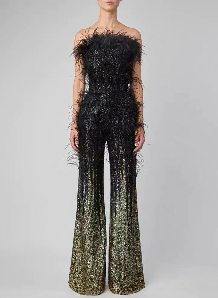 Trend4us Glam Feathered Sequin Flare Jumpsuit