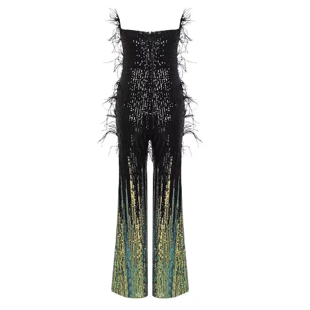 Trend4us Glam Feathered Sequin Flare Jumpsuit