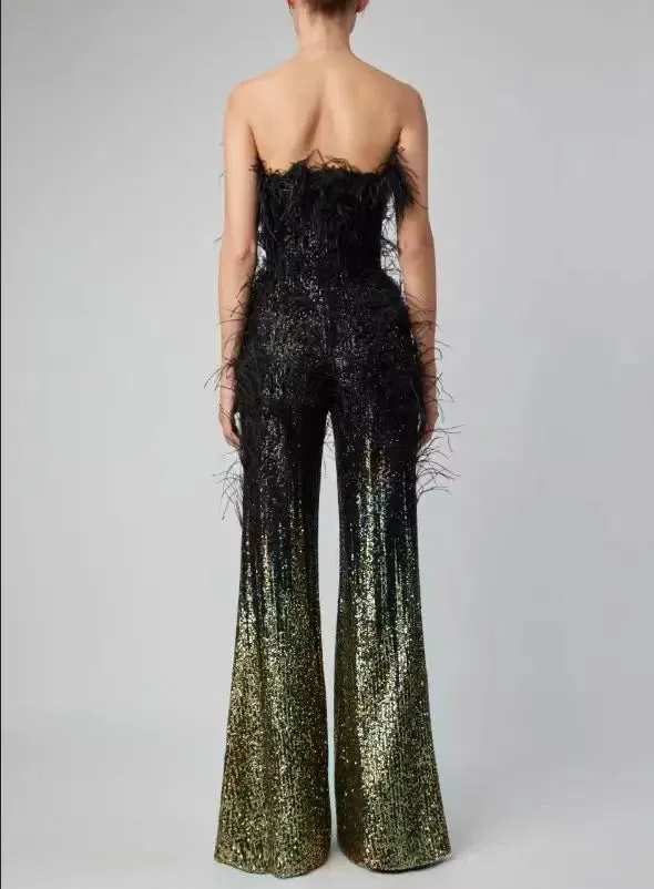 Trend4us Glam Feathered Sequin Flare Jumpsuit