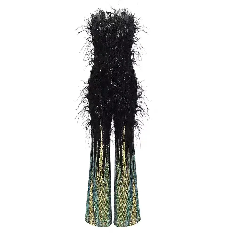 Trend4us Glam Feathered Sequin Flare Jumpsuit