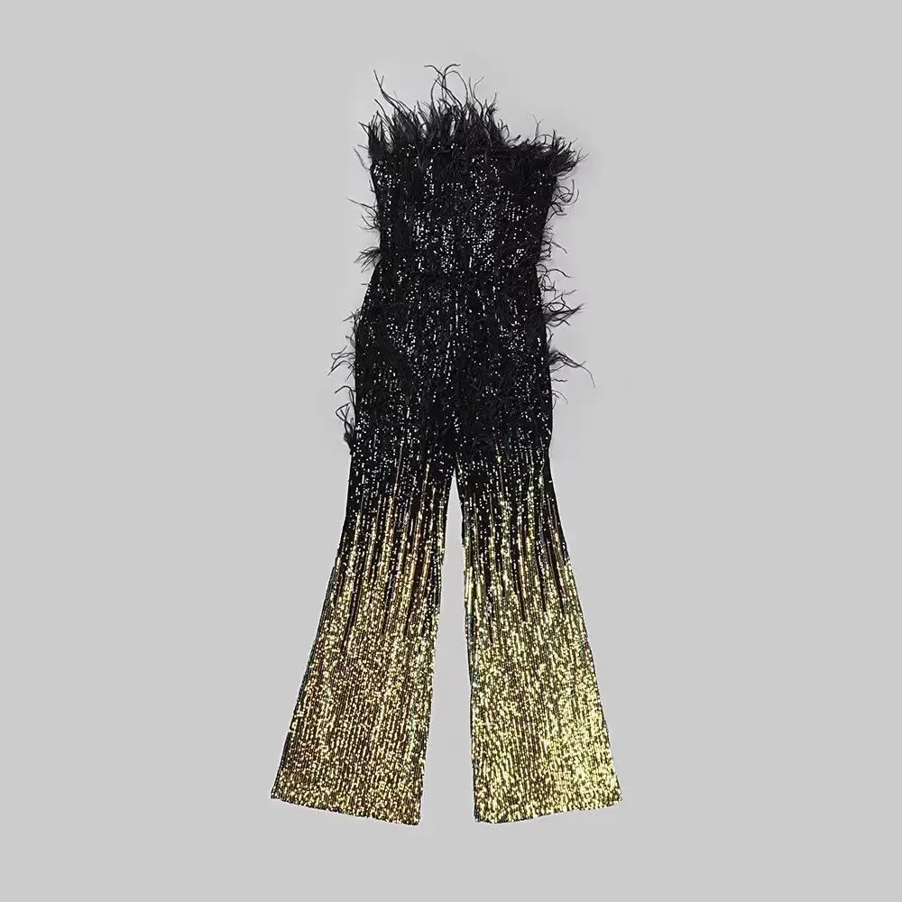 Trend4us Glam Feathered Sequin Flare Jumpsuit