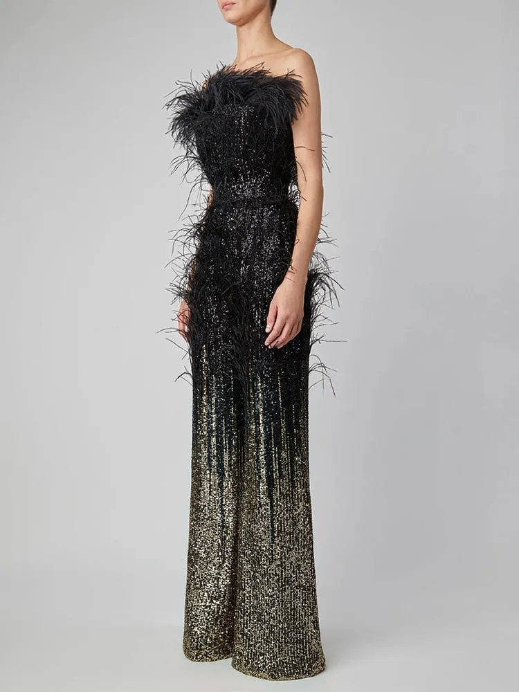 Trend4us Glam Feathered Sequin Flare Jumpsuit