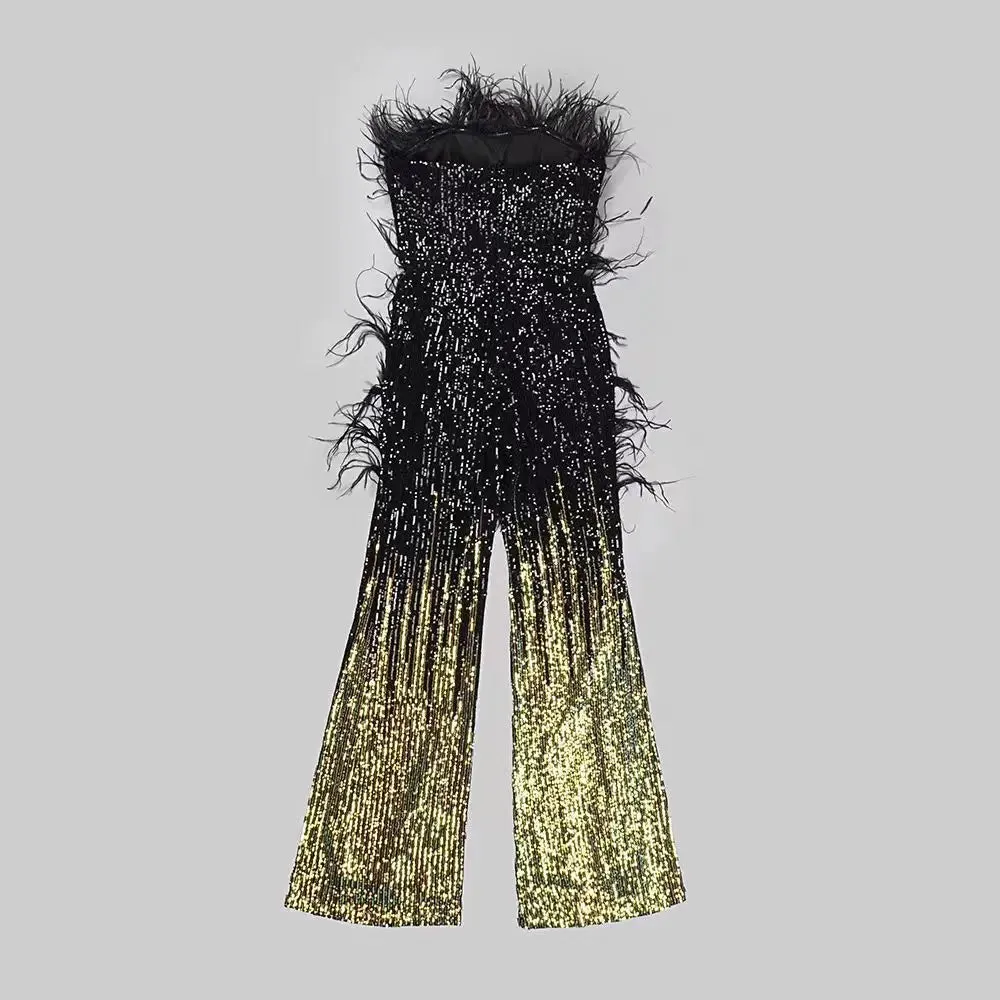 Trend4us Glam Feathered Sequin Flare Jumpsuit