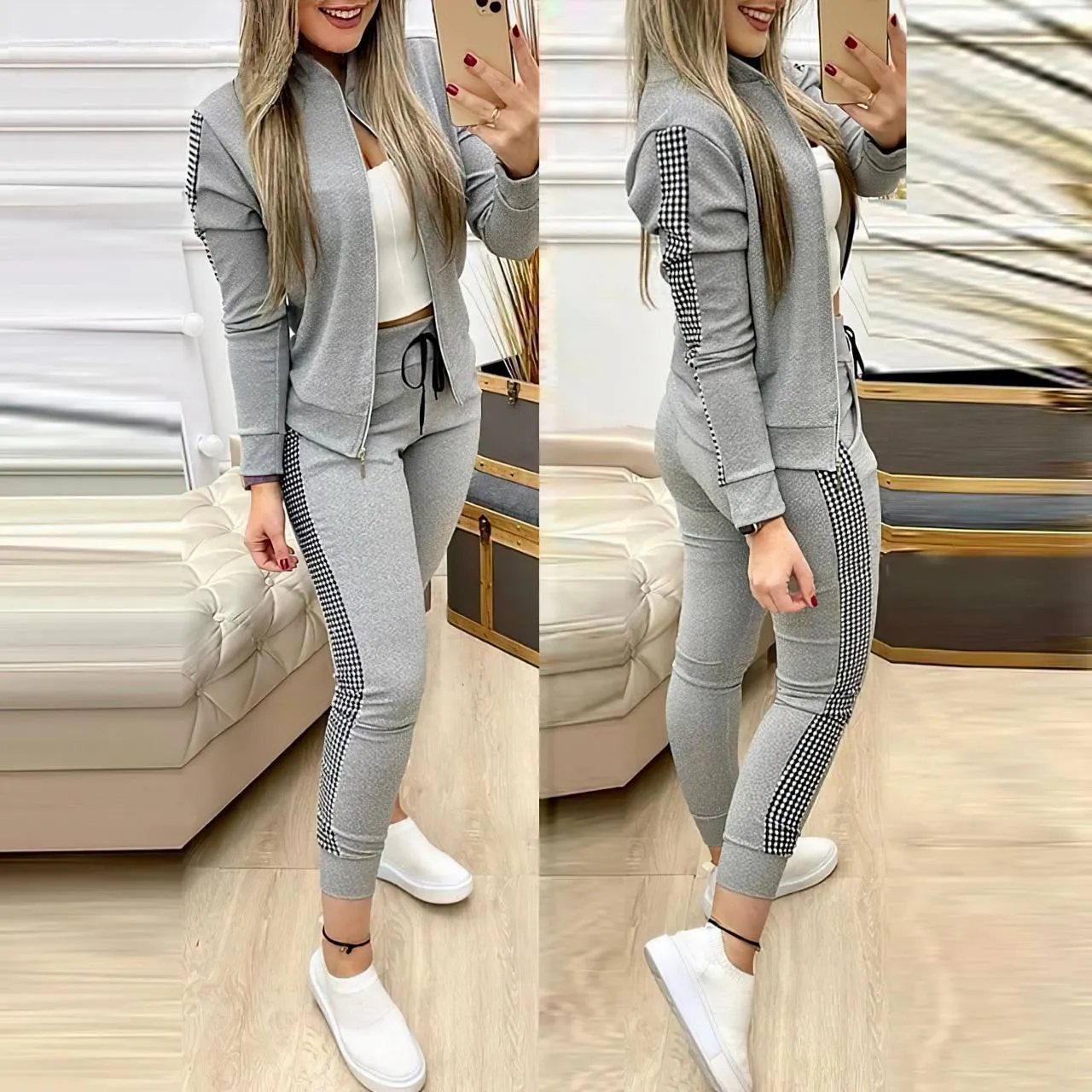 Turkish Women's Tracksuit 2 Pcs Outfits Zip-Up Jacket Pants Set - T046