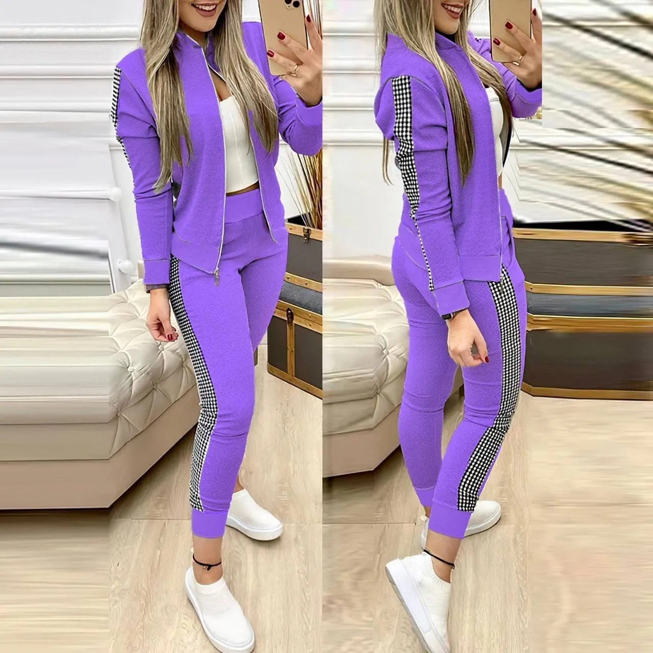 Turkish Women's Tracksuit 2 Pcs Outfits Zip-Up Jacket Pants Set - T046