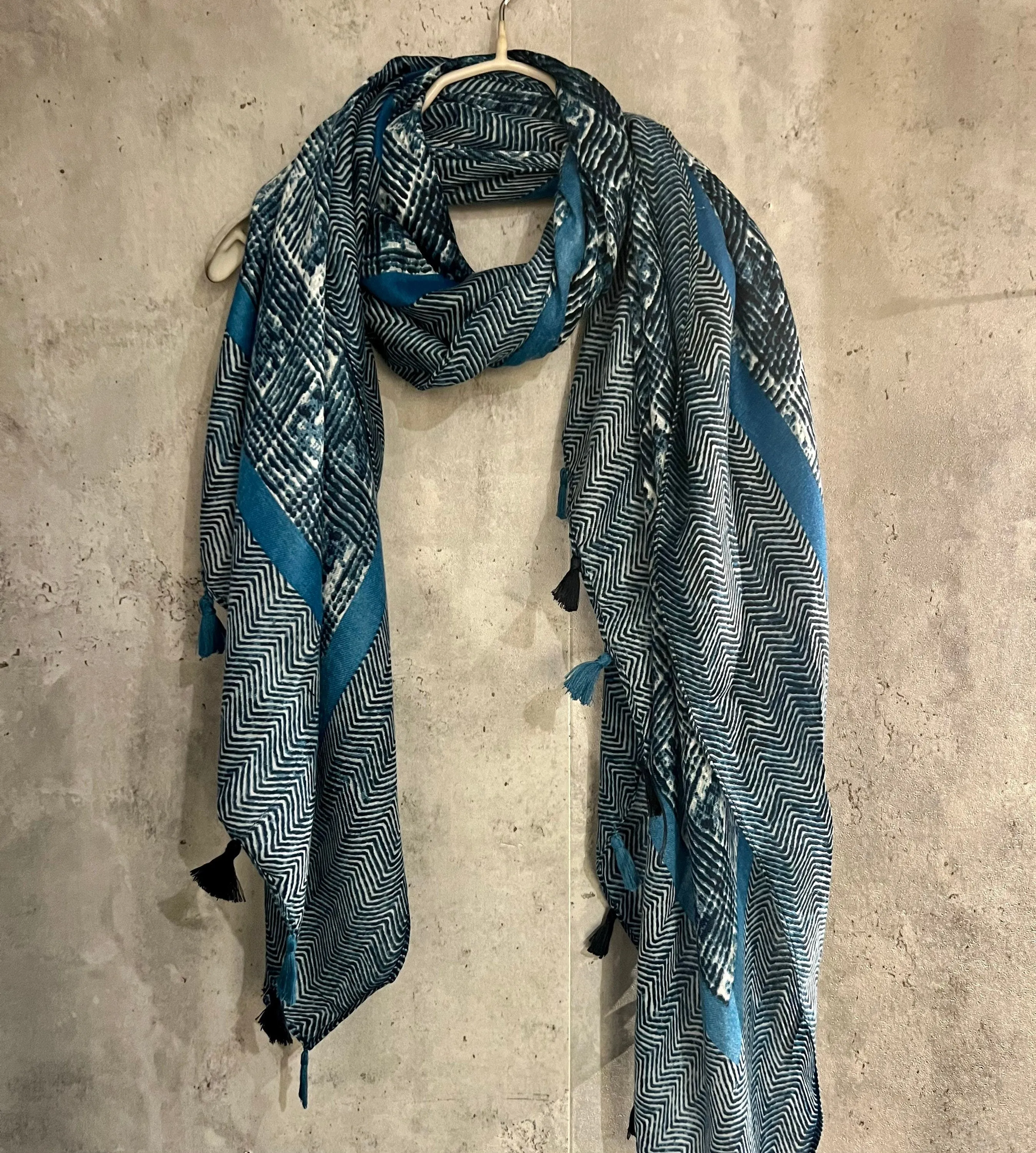 Tweed Pattern With Blue Trim Tassels Cotton Scarf/Summer Autumn Winter Scarf/Gifts For Her Birthday Christmas/Gift For Mum/UK Seller