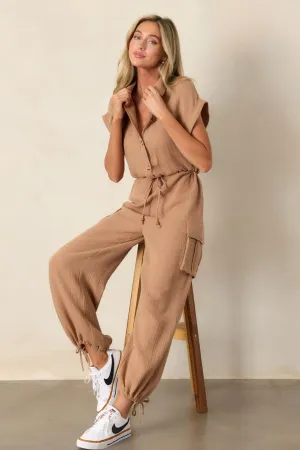 Twist On Timeless Cotton Camel Brown Gauze Jumpsuit