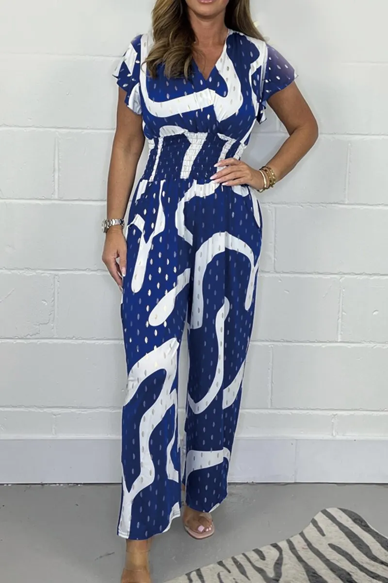 V-neck hot stamping printed jumpsuit