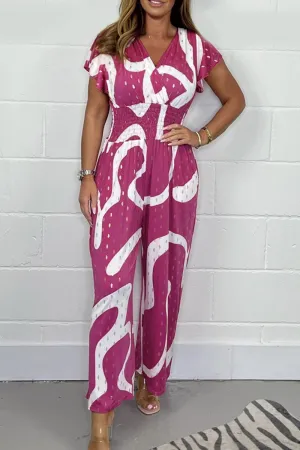 V-neck hot stamping printed jumpsuit