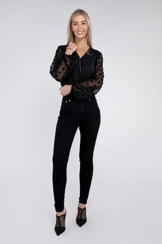 V Neck Wrap Sheer Sleeves Bodysuit