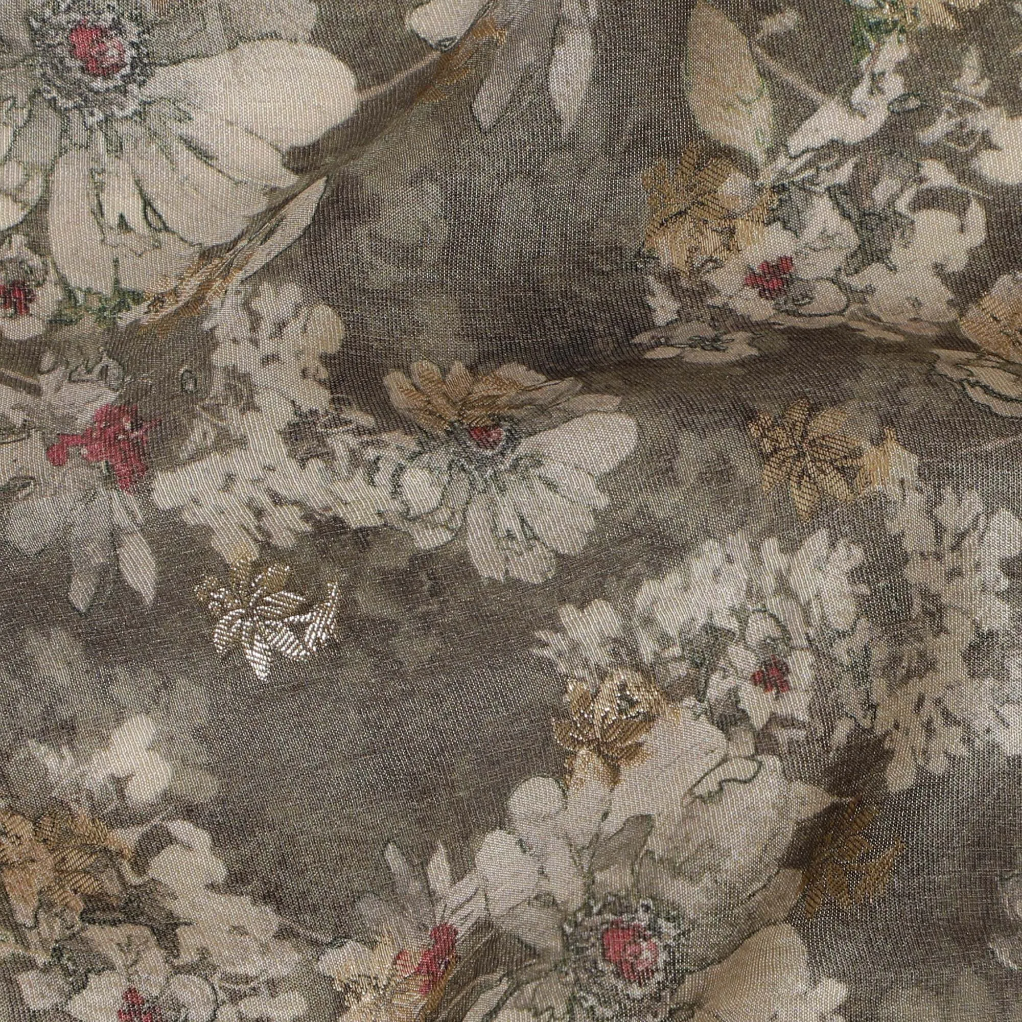 Vintage Grey Floral Viscose Digital Printed Fabric - Soft & Lightweight, 110 cm Width-D20257