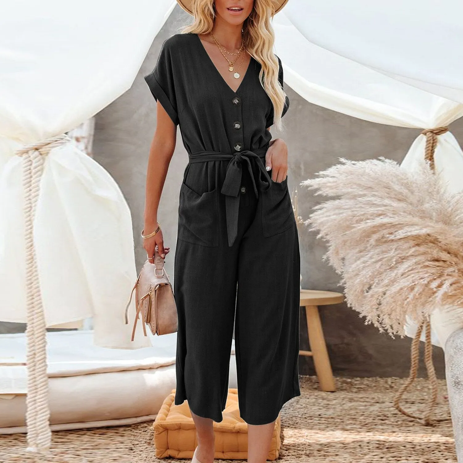 Wenkouban Summer Bandage Jumpsuit Women Short Sleeve V Neck Button Playsuit Casual Loose Belted Romper With Pockets Solid Woman Jumpsuit