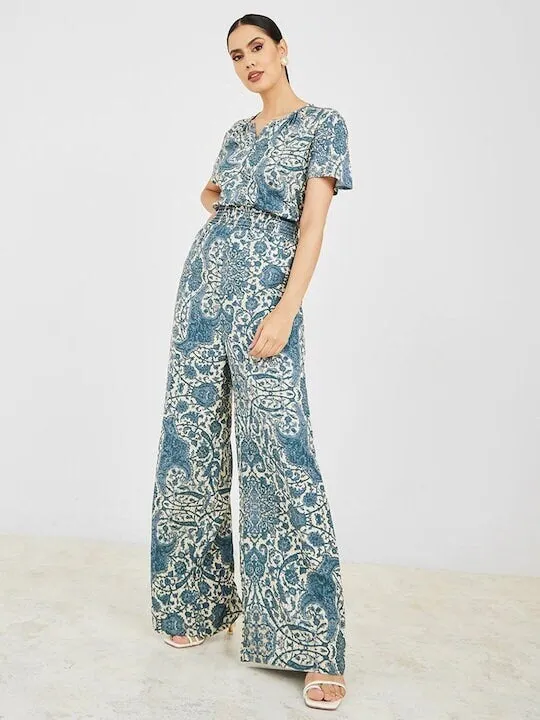 White & Blue Printed Jumpsuit For Women