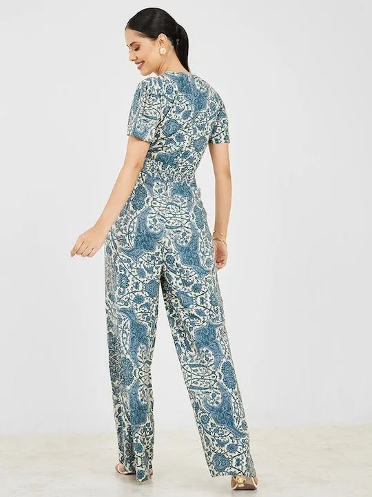 White & Blue Printed Jumpsuit For Women