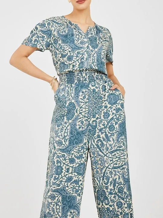 White & Blue Printed Jumpsuit For Women