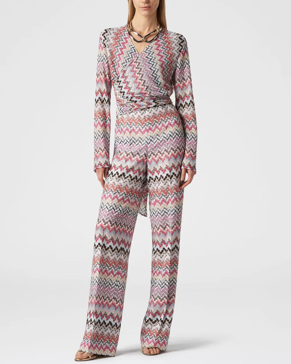 White and Pink Zigzag Long Sleeve Jumpsuit