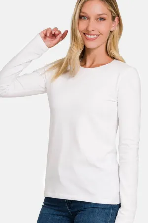 White Full Size Solid Color Round Neck Long Sleeve T-Shirt