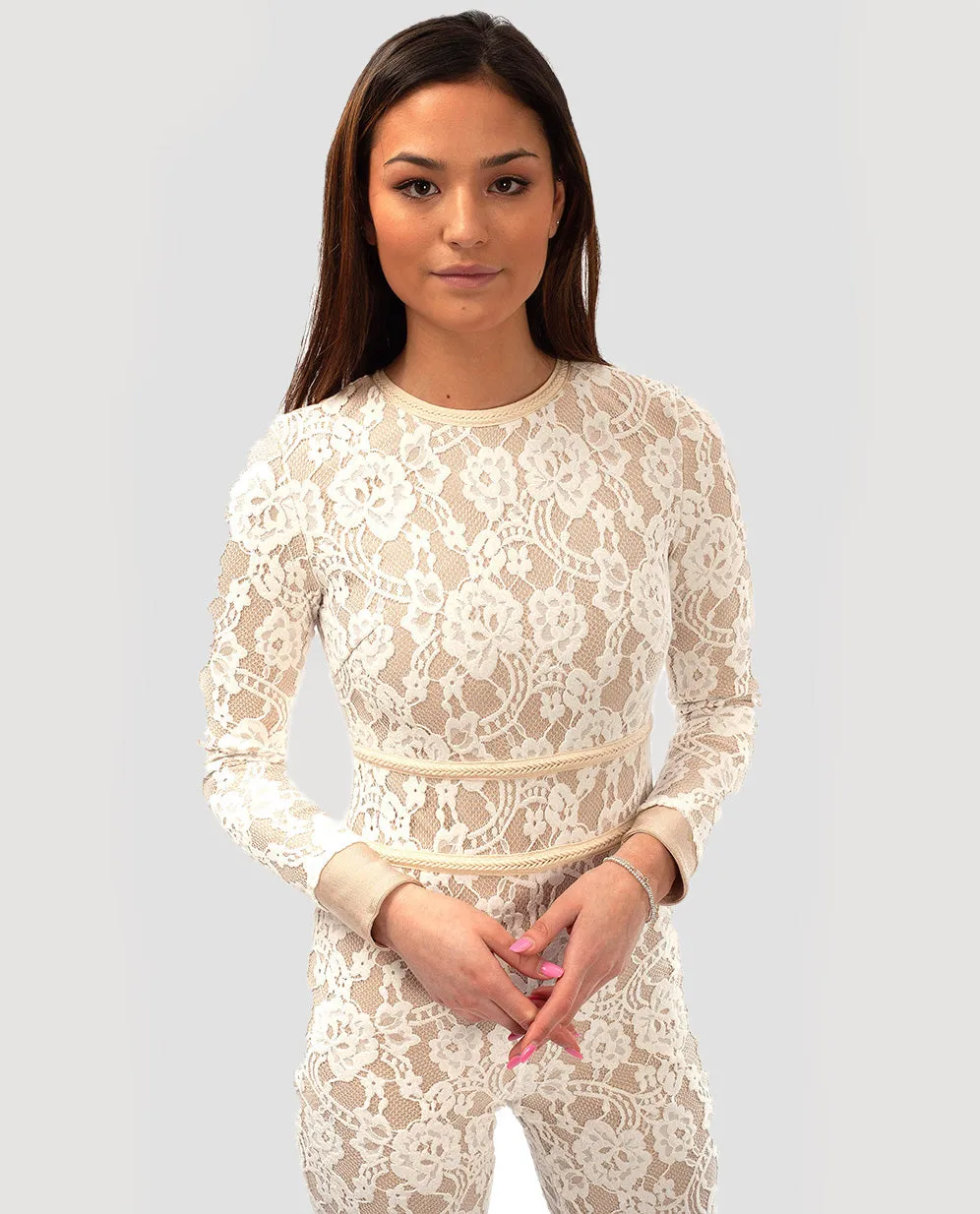 WHITE LACE JUMPSUIT WITH BELT DETAIL