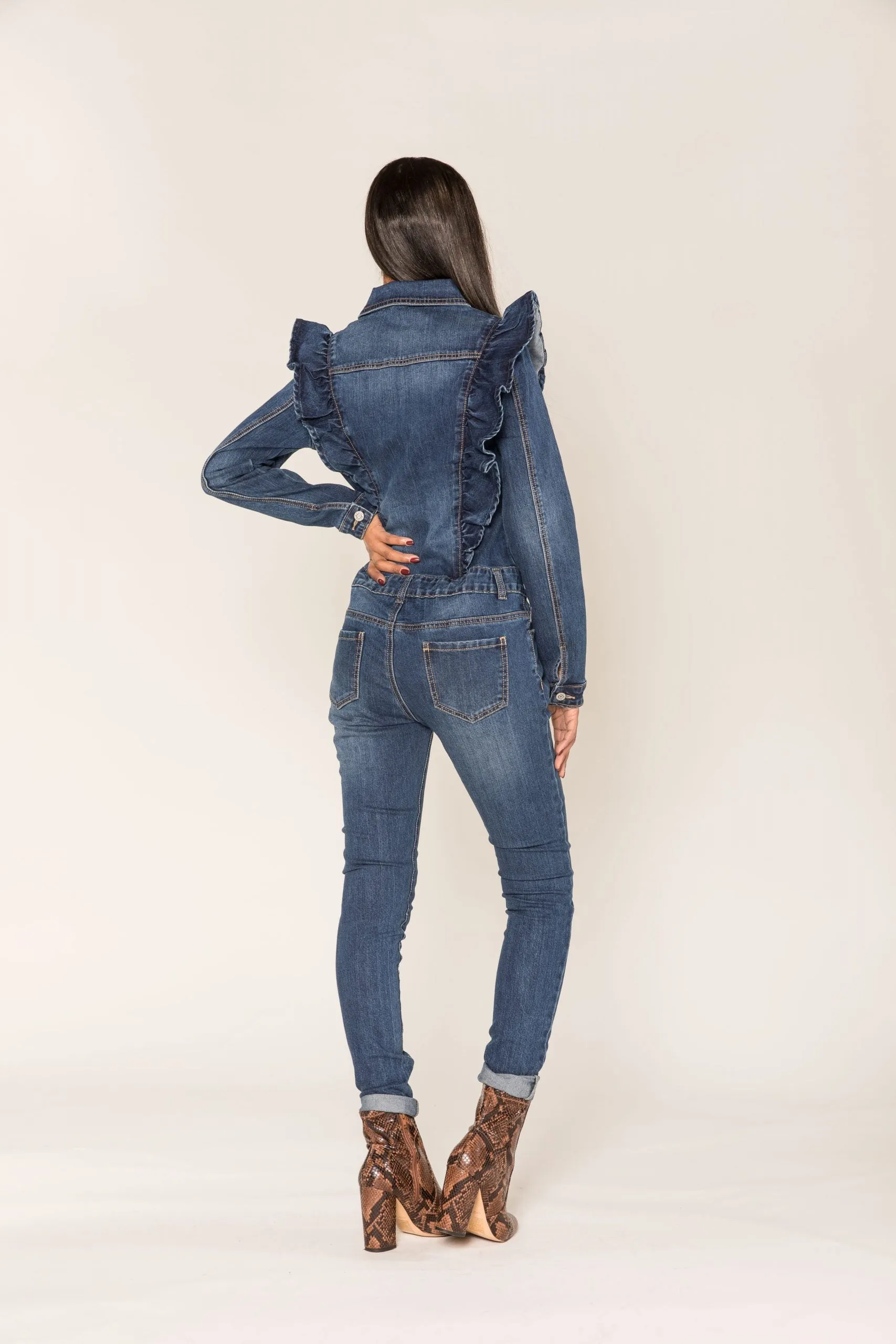 Wholesale Blue Denim Jumpsuit with Ruffles