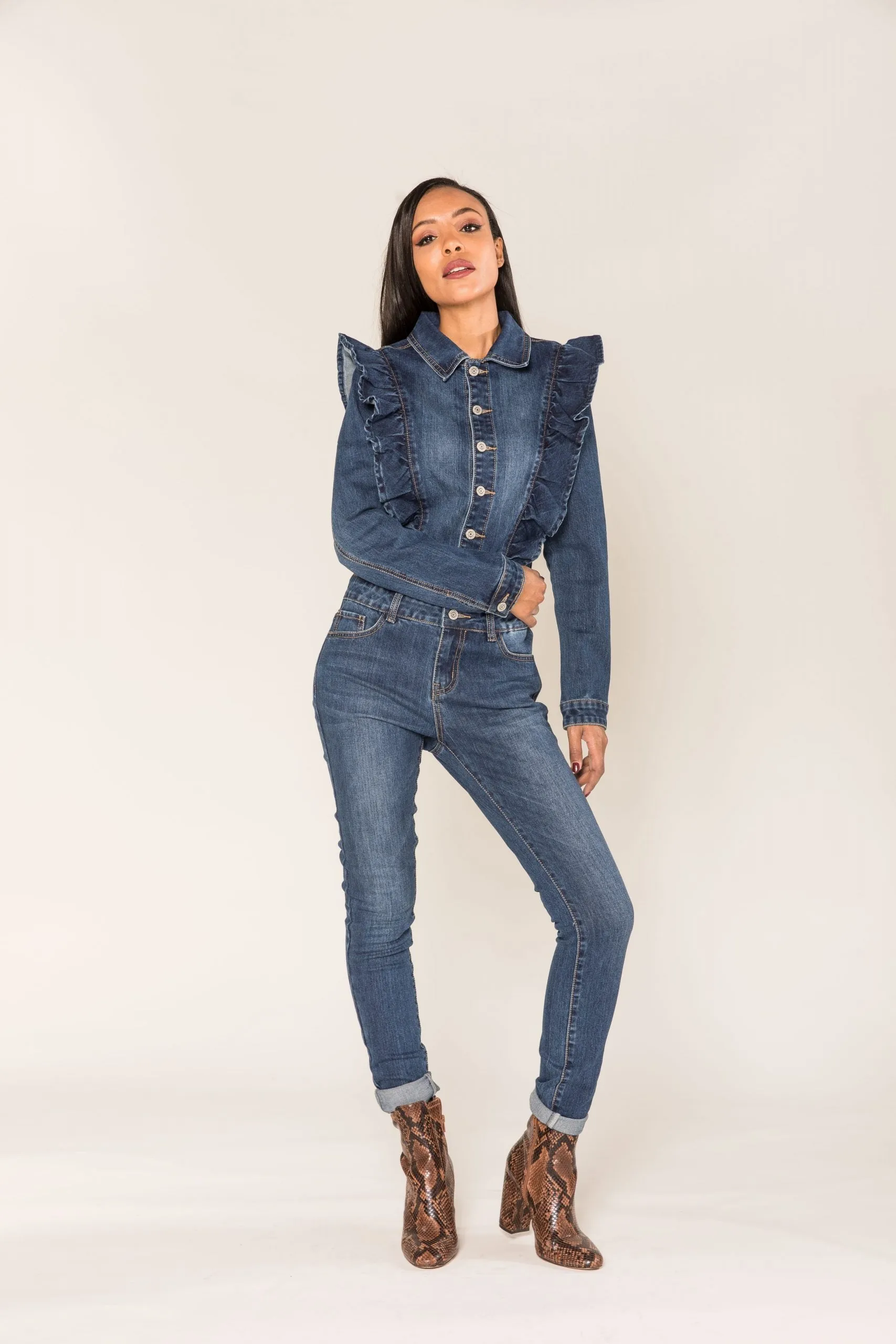 Wholesale Blue Denim Jumpsuit with Ruffles