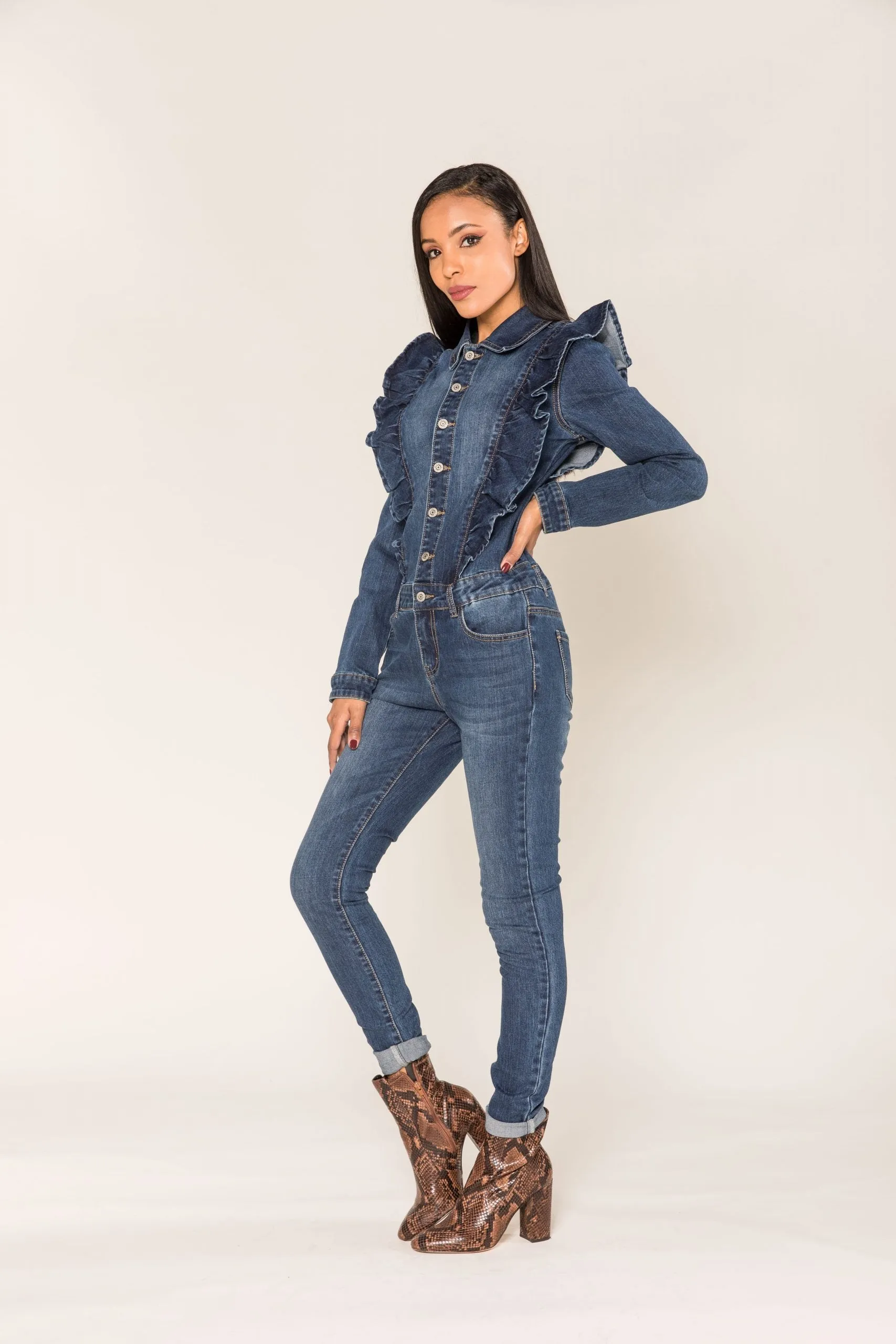 Wholesale Blue Denim Jumpsuit with Ruffles