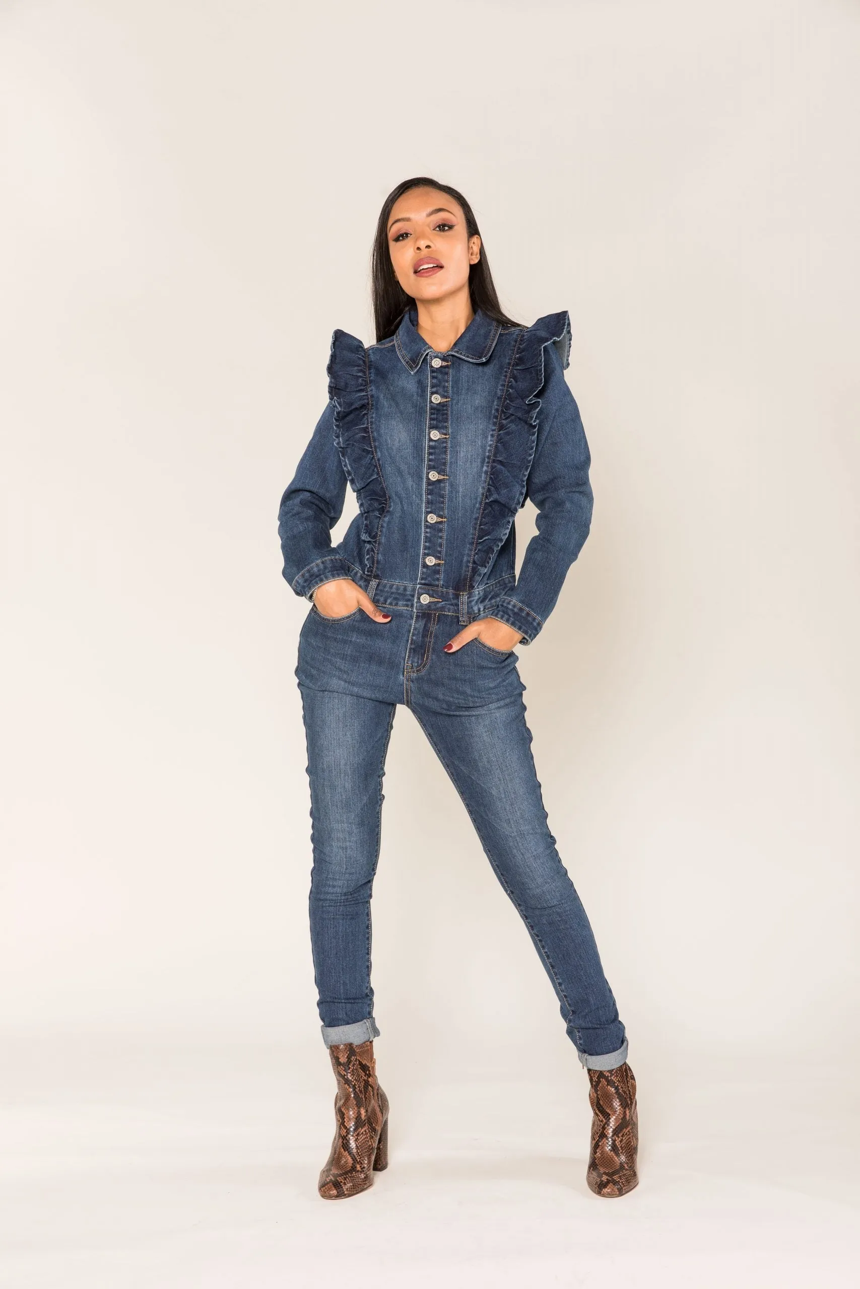 Wholesale Blue Denim Jumpsuit with Ruffles