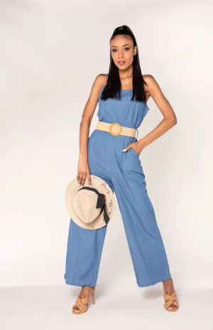 Wholesale Blue Long Denim Jumpsuit with Adjustable Straps and Belt