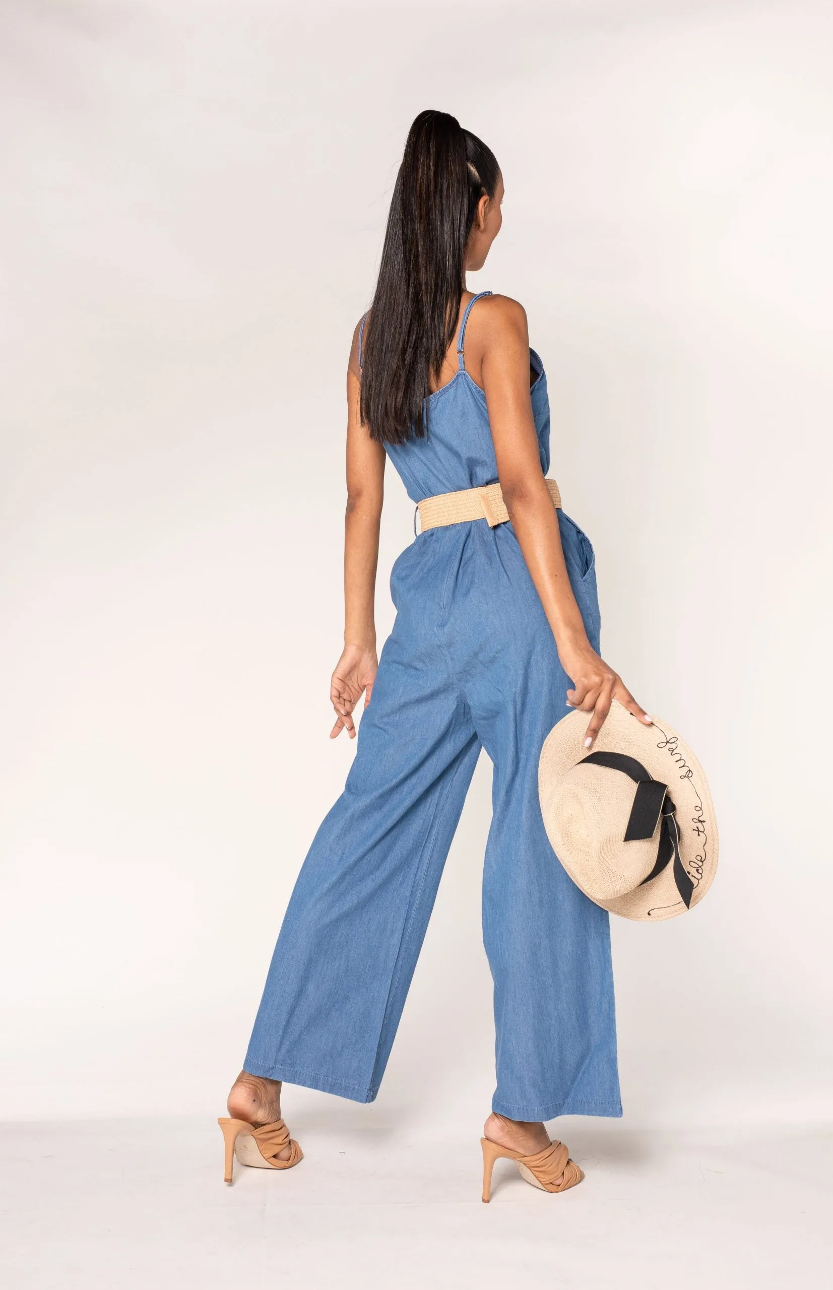 Wholesale Blue Long Denim Jumpsuit with Adjustable Straps and Belt