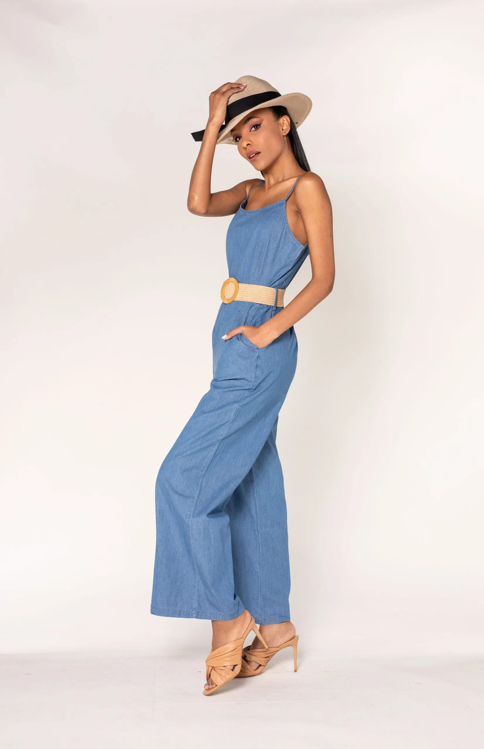 Wholesale Blue Long Denim Jumpsuit with Adjustable Straps and Belt